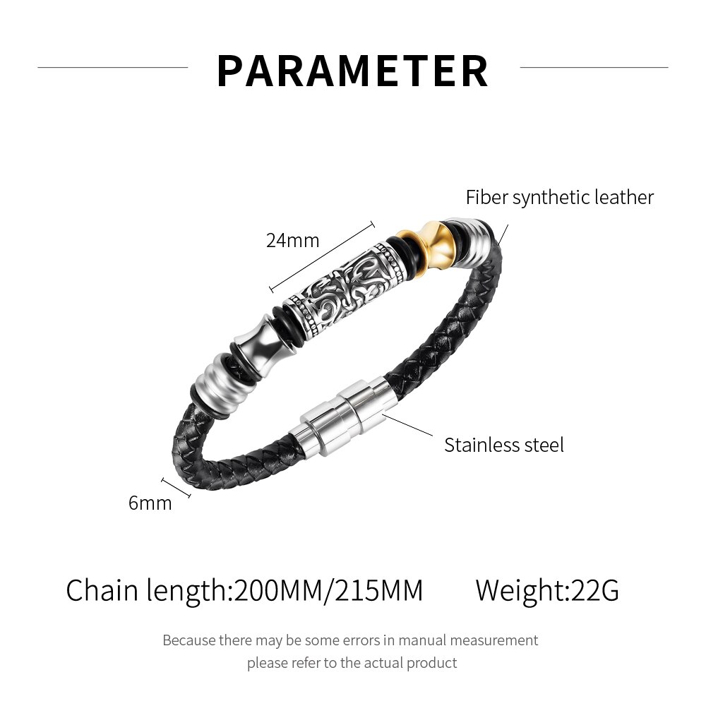 JIALY European Men Punk in pelle intrecciata nera retrò Totem Charm bracciale bottone in acciaio inossidabile gioielli da polso B0202