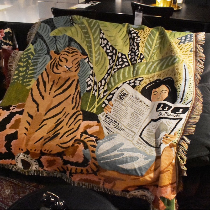 Couverture de canapé à motif de tigre pour fille, style bohémien, couverture anti-poussière avec pompon, couverture de climatisation pour lit et chambre à coucher, décor