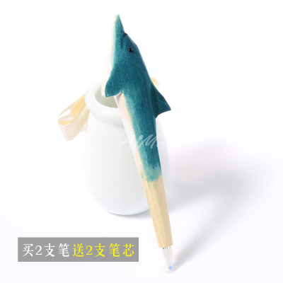 1Pc Coloffice Handmade Wood Carving Pets Animal Yellow Cat Ballpoint Pen Office Stationery School Writing Supplies: light green