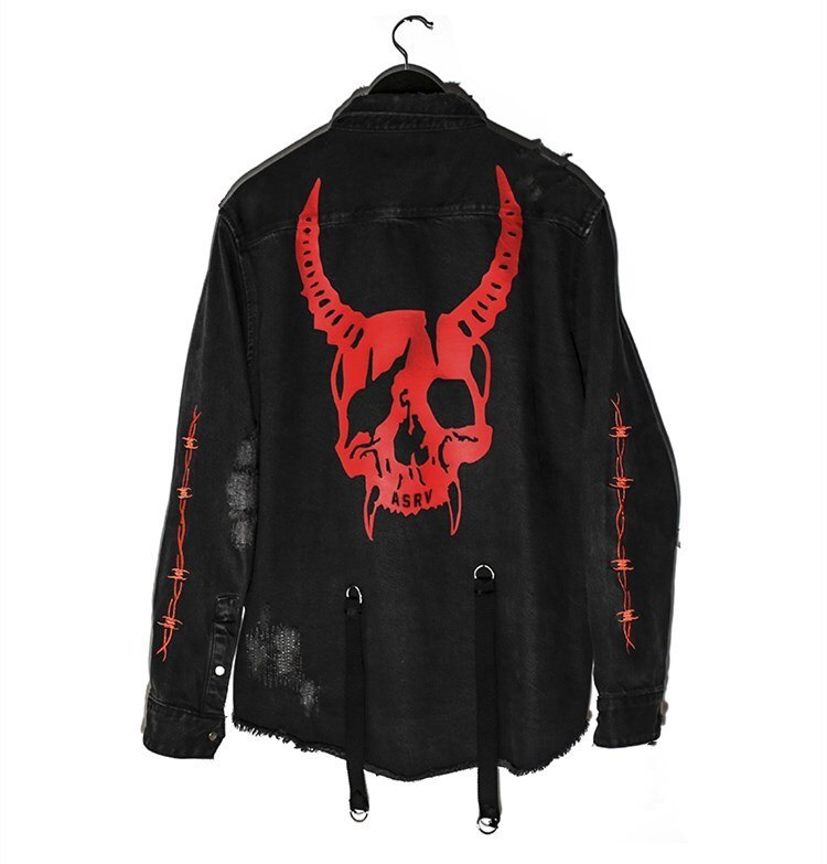 Gótico cazador de cráneo negro Denim chaqueta hombres chaqueta Punk Rock sudadera Heavy Metal tirantes agujero Streetwear