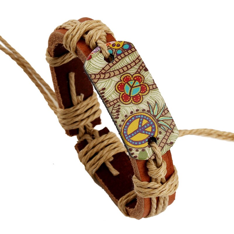 bracelets pour femme Hippie Rétro Réglable En Cuir Bracelet Bijoux Faits À La Main Pour Les Femmes Fleur Imprimé Corde: Default Title
