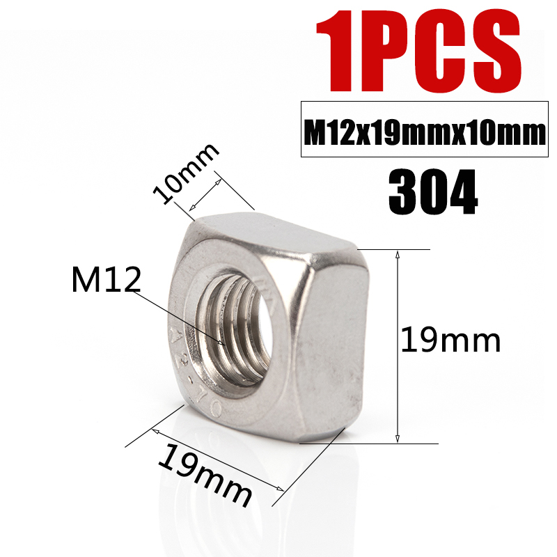 M3 M4 M5 M6 M8 M10 M12 Square Nut 304 Stainless Steel Metric Threaded Square Nuts Foursquare Quadrate Nut: SF12x19x10x1