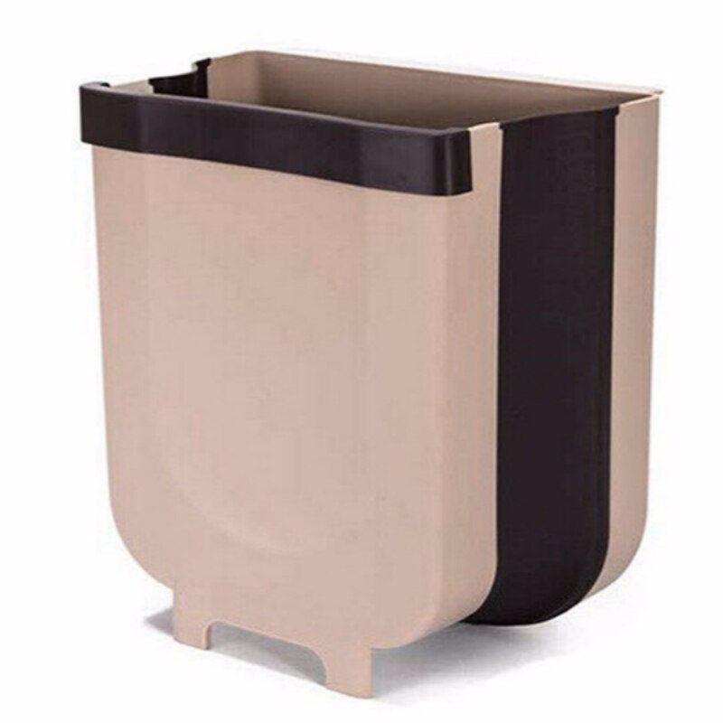 Folding Kitchen Cabinet Door Plastic Basket Hanging Trash Can Waste Bin Garbage Bowl Box Desktop Storage Trash Can Storage: Khaki