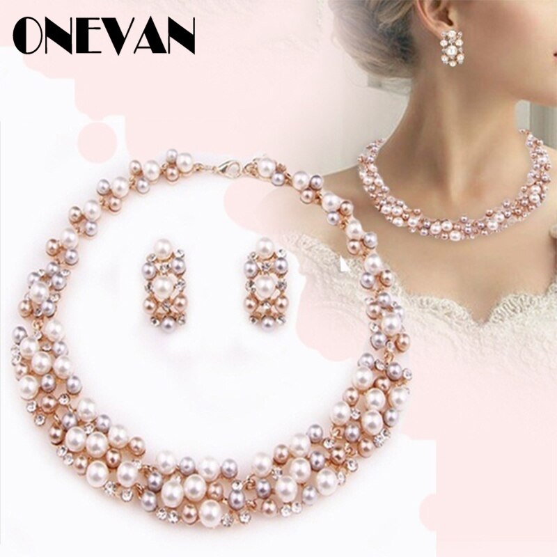 Simple Imitation Pearl Bridal Jewelry Crystal Necklace Earrings for Girl Party Rhinestone Engagement Jewelry Sets