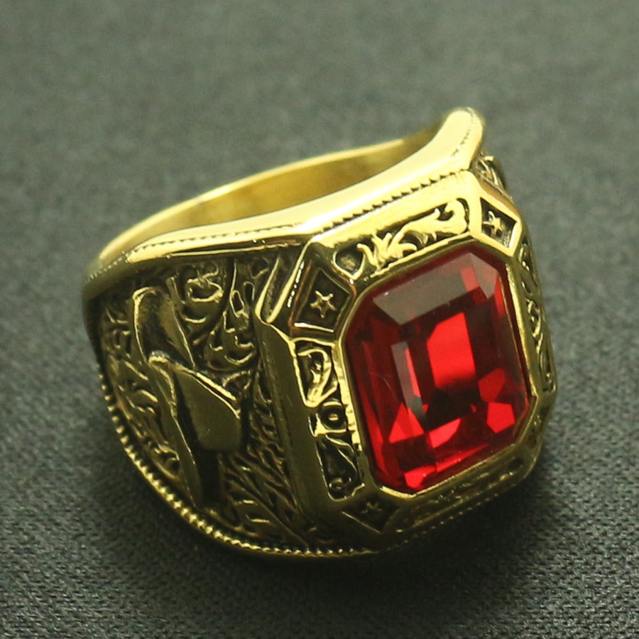 Cool Red Stone Ring Cowboy Neushoorn Hoorn Mannen Jongens 316L Roestvrij Staal Gouden Ring Grote Voor Vriend