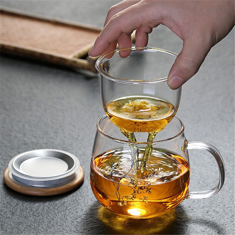 Transparent Glass Tea Cups Household Flower Teacups with Lid and Filter Heat Resistant Water Mug Office Drinkware