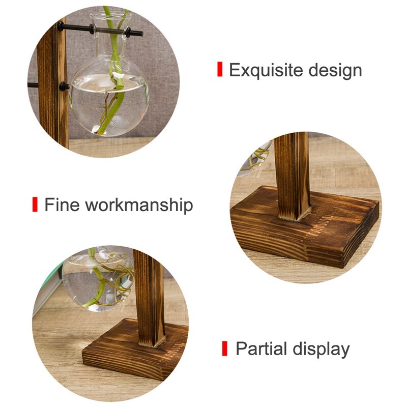 Eenvoudige en glazen flesvaas, houten standaard, hydrocultuurvaas, groene plant, kleine vaas, bureaudecoratie, scandinavische vaas
