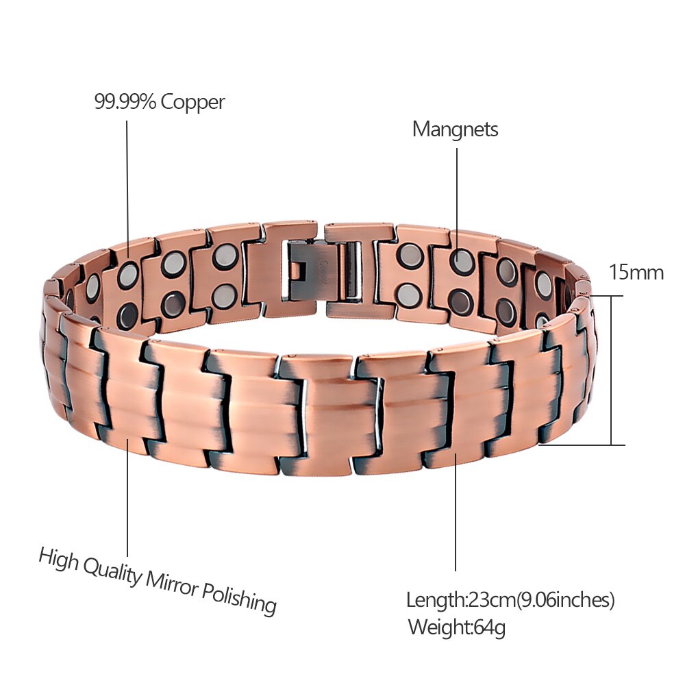 FINE4U B376 Vintage 99.99% Pure Copper Magnetic Bracelet for Men Double Raw 3500Gauss Magnet Health Energy Bracelets Wrist Band