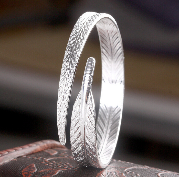 Anenjery Unieke Vrouwen 925 Sterling Silver Leaf Bangles Open Manchet Armbanden & Bangles Sieraden Pulseras S-B13