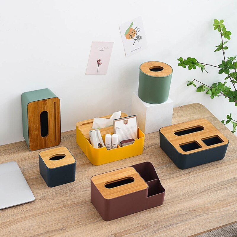 Plastic Tissue Box Bamboo Cover Napkin Paper Dispenser Organizer Cosmetic Storage Remote Control Container for Office