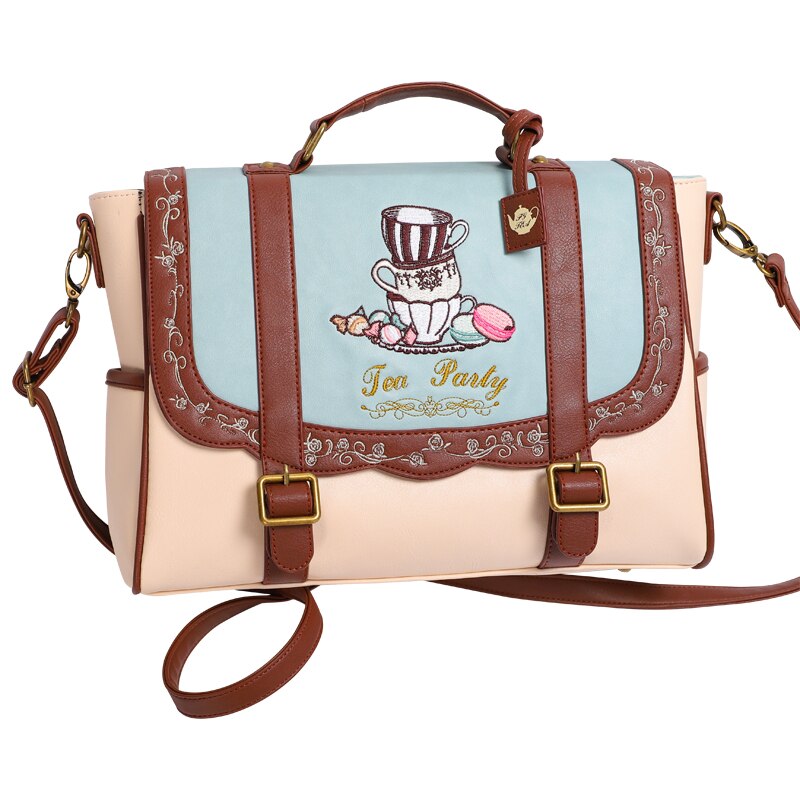 Mochila japonesa lolita para mujer, bolsa pequeña dulce con bordado de reducción de edad, bolso escolar A4 de hombro de 3 vías: blue beige