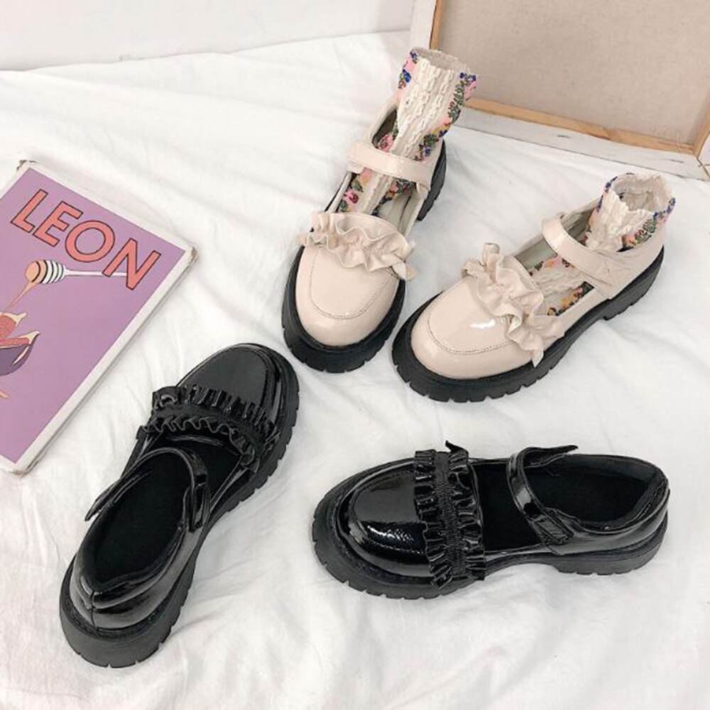 Lolita kengät kawaii kengät naiset harajuku nukke kengät pyöreä varvas alusta yksikengät naisten pienet nahkakengät zapatos mujer 388