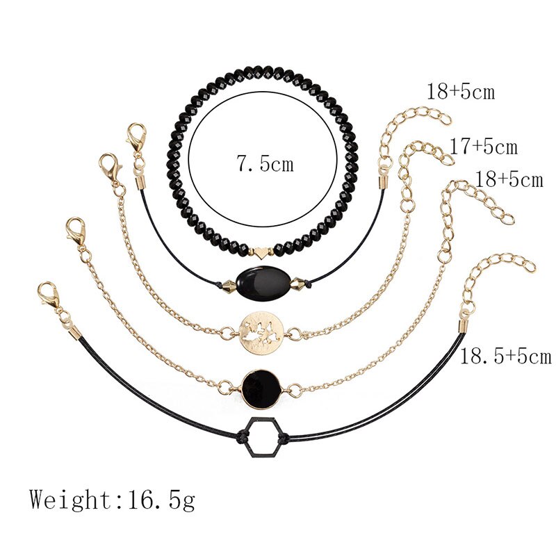 5 Pcs/ Set Black Beads Charm Bracelets Set for Women Geometric Hexagon Black Coin Charm Braclets Bracelets Woman