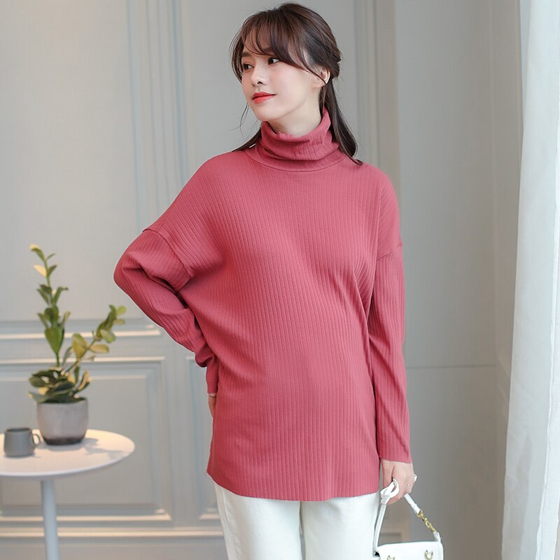 Efterårsstil stribet højhalset t-shirt hjemmetøj strikket bomuld graviditetstoppe løs stor størrelse bluse graviditetstøj 6620