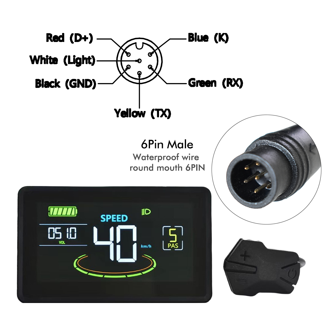 H6C Electric Bike Colorful LCD Display Meter 24V-60V SM/Waterproof Connection Plug Ebike intelligent Display With USB UART: light green