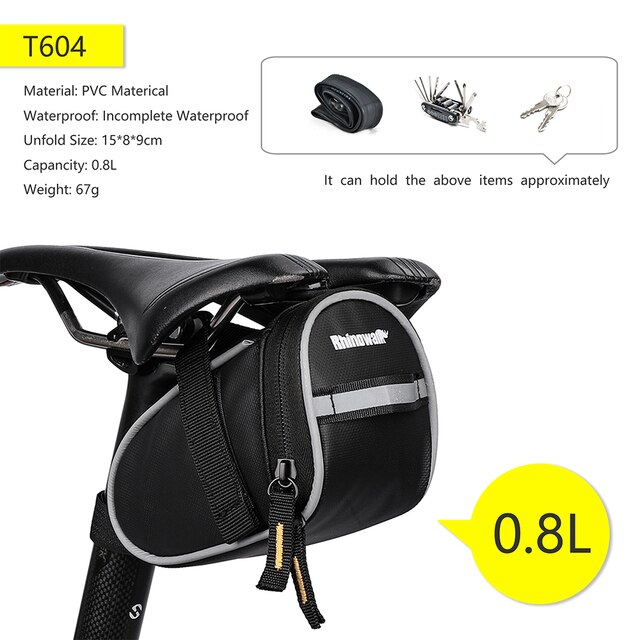 Rhinowalk Fahrrad Sattel Tasche 1,5 L 2,5 L Voll Wasserdicht Radfahren Sitz Tasche MTB Straße Reparatur Werkzeuge Tasche Fahrrad Schwanz Pack Zubehör: T604-Schwarz-0.8L