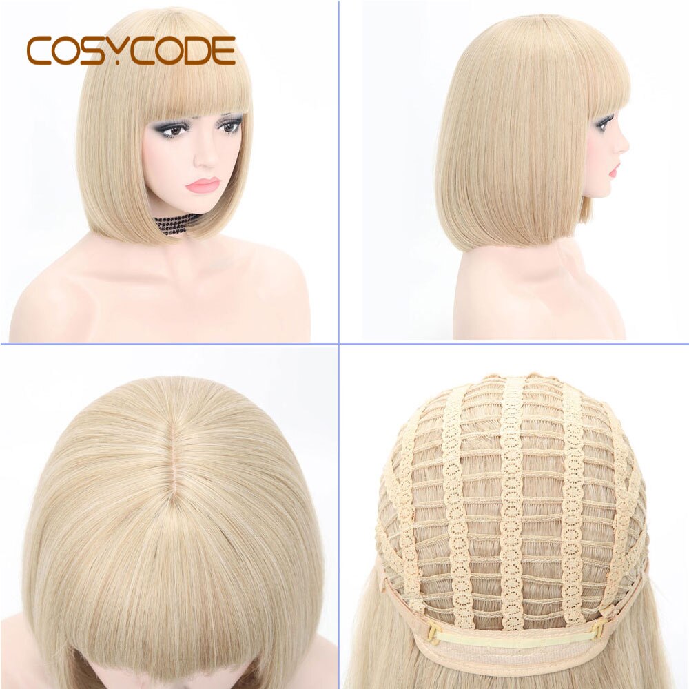 Cosycode Blonde Bob Pruik 12 ''Pruik Met Pony Korte Cosplay Pruiken Voor Vrouwen Synthetische Hittebestendige Volledige Pruik