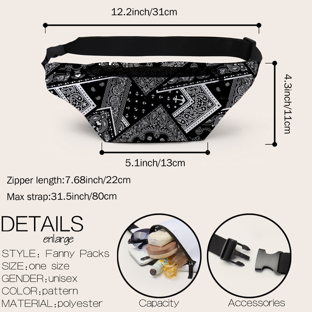 Deanfun Waist Bag Balck And White Printed Fanny Pack For Women Belt Bag 18054