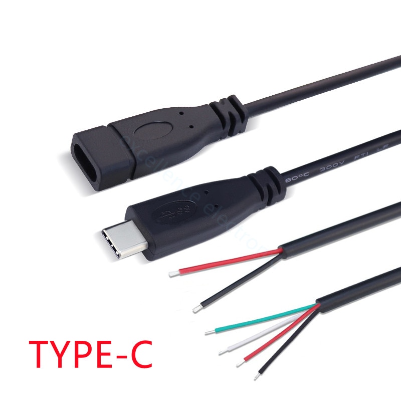 Connecteur de chargeur de câble USB 2.0 Type C mâle/femelle, 25cm, 2 broches, 4 broches, Extension de prise à souder, Type USB-C, pour bricolage, réparation, 1 pièce