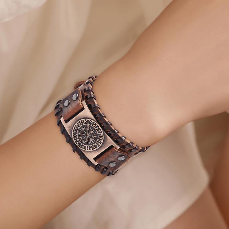 Scandinavische herenarmband, vintage kompas leren armband, brede polsbanden voor heren, pulsera mannelijke sieraden