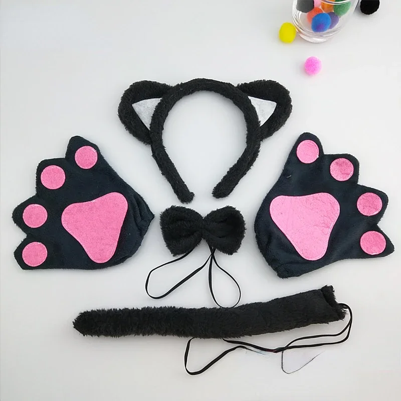 Diadema con orejas de gato con lentejuelas, falda tutú, pajarita, cola, conjunto de disfraz de Cosplay para Festival de Halloween, accesorio de uso diario: Azul cielo