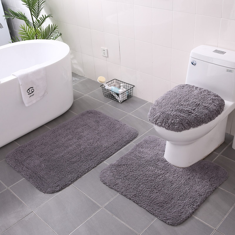 Cotton Bathroom Carpet Thick Flocking Bath Mat Set Water Absorption U Shape Toilet Floor Feet Rug And Lid Cover 1 Pcs