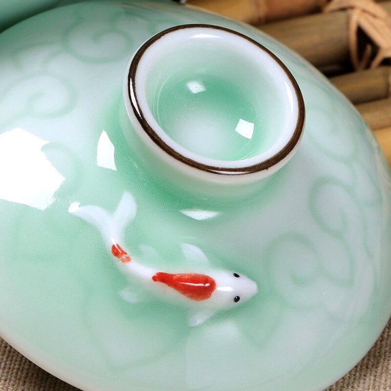 Chinese Celadon fish gai wan tea set,Bone China Tea cup Dehua gaiwan tea porcelain teacup tea set for kettle