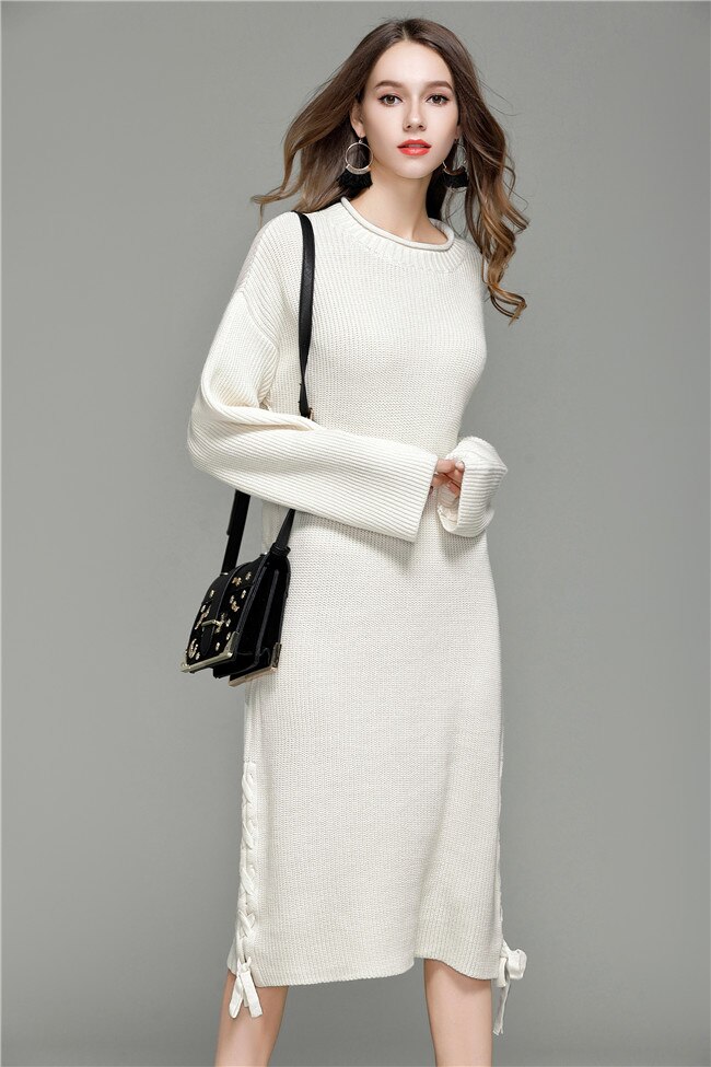 Autumn Winter Women Knitted Dress O Neck Long Sleeeve Patchwork Solid Loose Sweater Dress Vestidos de invierno: white