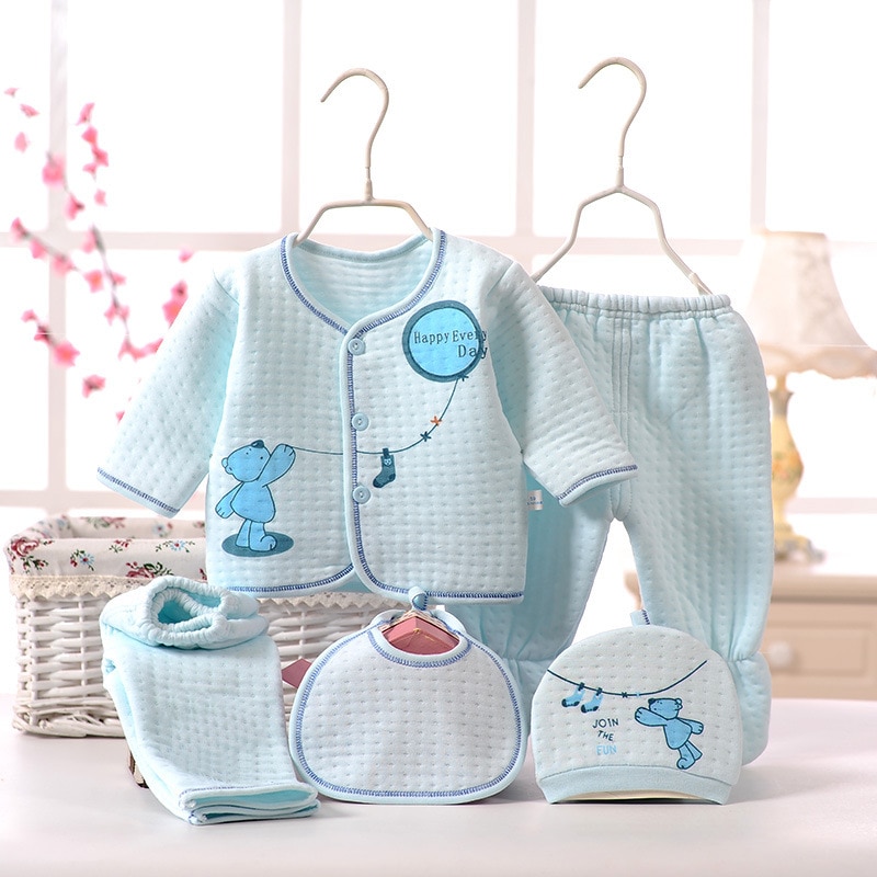 5pcs/sets Newborn Baby Unisex Clothing Soft Cotton Set Infant Long Sleeve Girls Shirt+pant Bibs Hat Suit Underwear