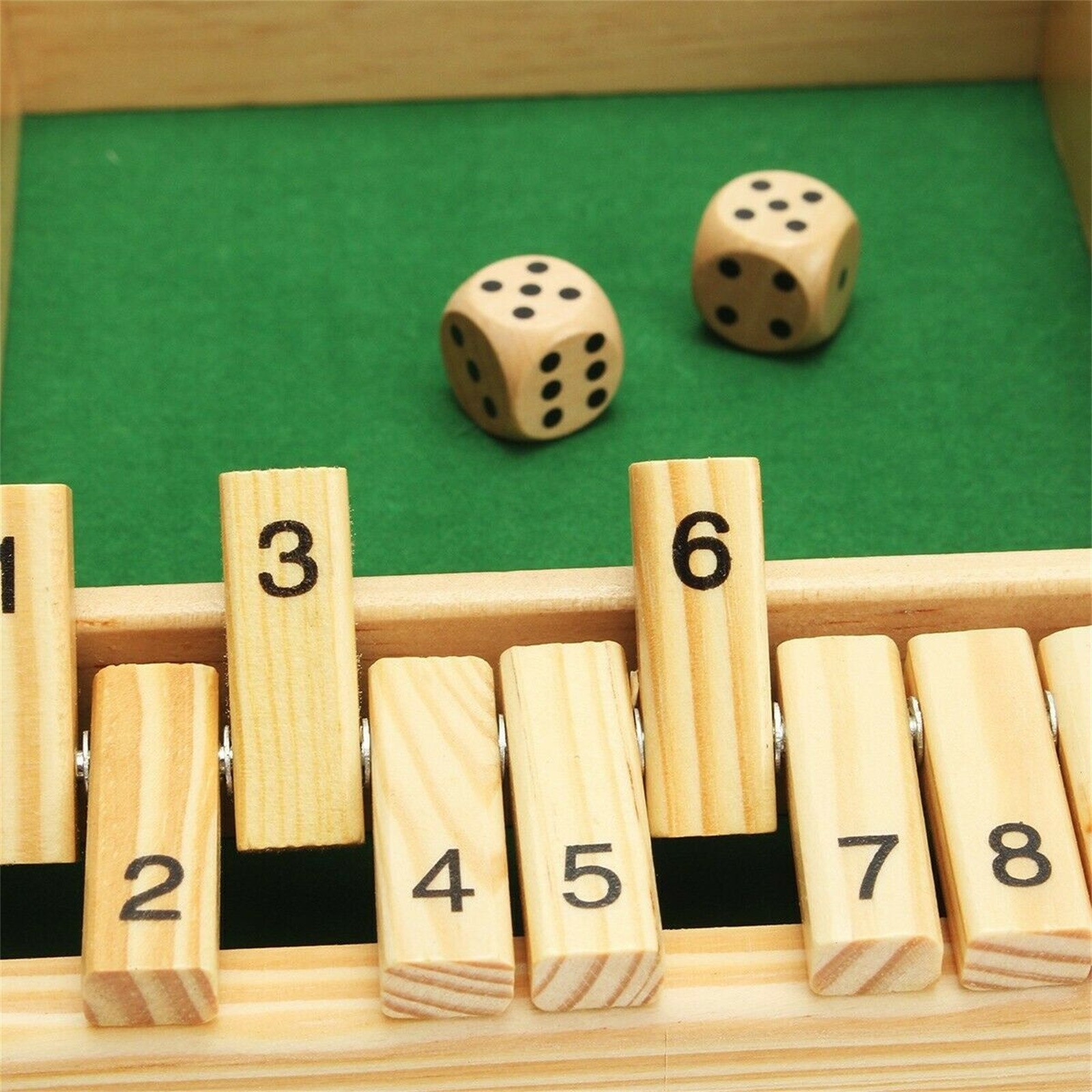 Shut The Box Dice Board Game 4 Sided 10 Number Wooden Flaps & Dices Game Set for 4 People Pub Bar Party Supplies
