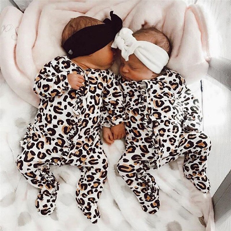 Newborn Infant Baby Boy Girl Leopard Cotton Romper long sleeve v neck button Jumpsuit Bodysuit Clothes