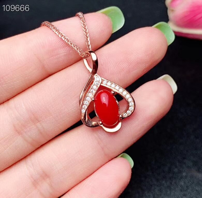 KJJEAXCMY Fijne sieraden 925 sterling zilver ingelegd natuurlijke red coral dames hanger ketting ondersteuning detectie set