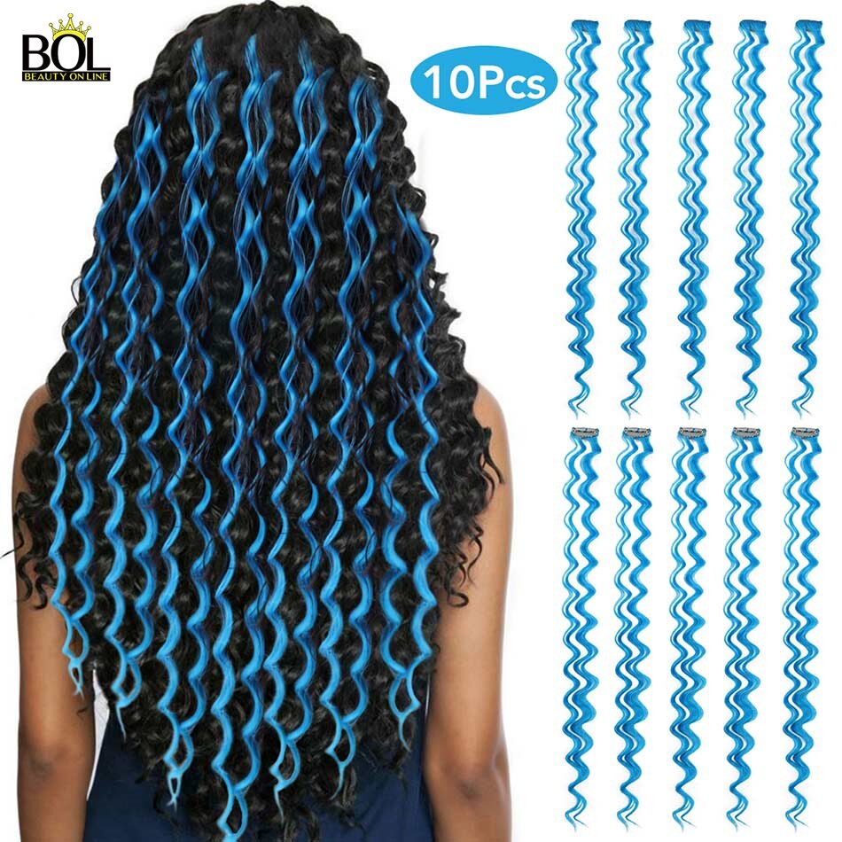 Bol Synthetisch Haar Extensions Gekleurde Haarlokken Diepe Golf Clip-Op Haar Vrouwelijke Regenboog Haar 24Inch1 0 Stuks/set Warmte slip: DW-Sky Blue