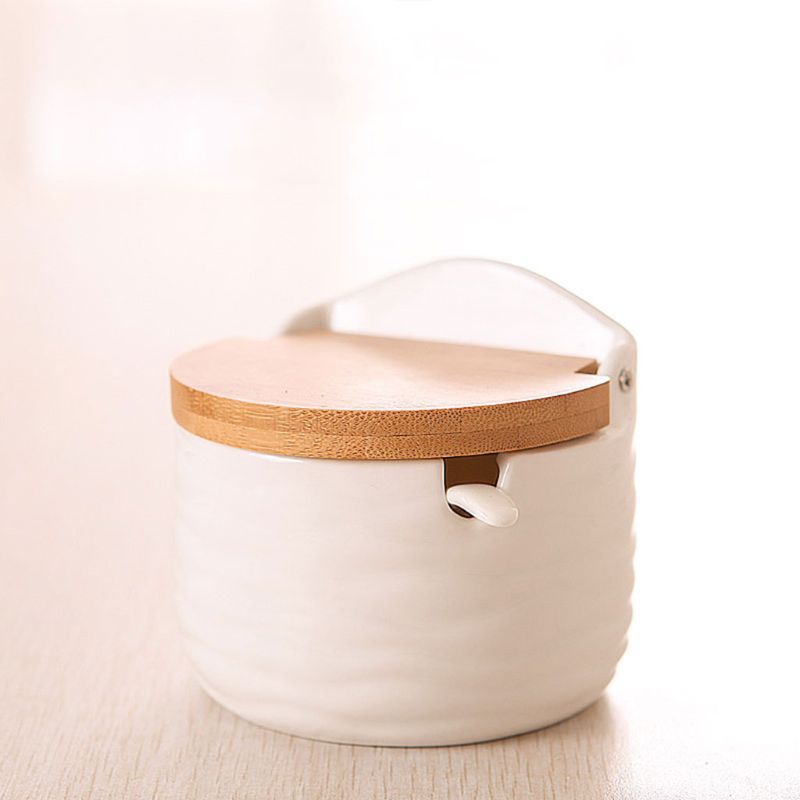1PC zucker schüssel mit deckel löffel holz würze Krug küche Werkzeug salz lagerung Kasten