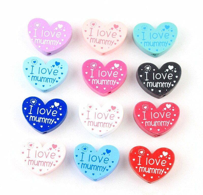 10pcs/lot Wooden DIY (I love mummy) Heart-Shaped Wooden Beads For Children's Toys & Pacifier Clip Spacer Beads