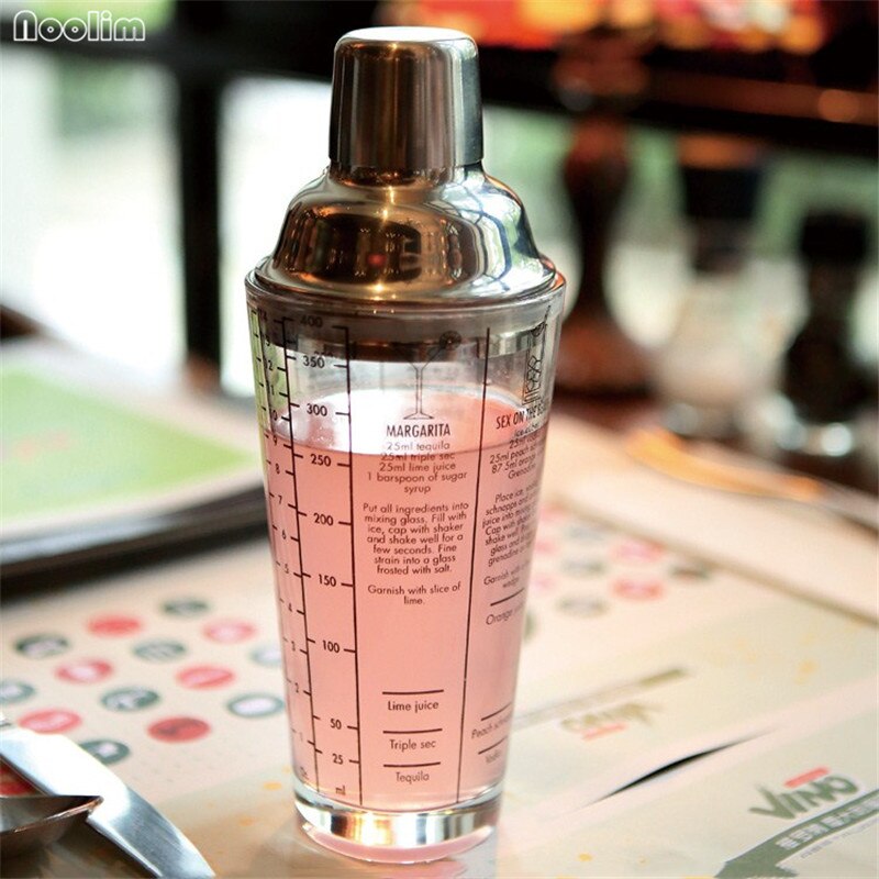 NOOLIM 420ml Mix Master Glass Recipe Cocktail Shaker Stainless Steel Shake Jug With Scale Bar Tools Bar Accessories