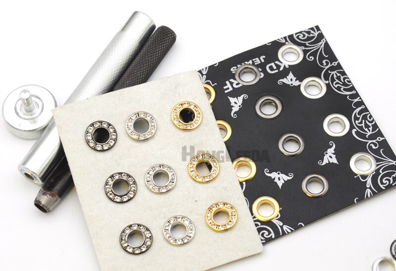 DIY 1 sets hand press tools + 100sets/lot 3colors 12mm round metal brass rhinestone eyelets glass grommets