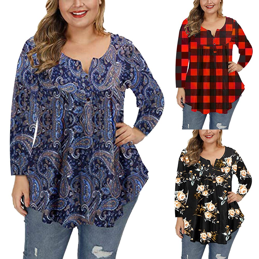 5XL Plus Size Women Clothing Plaid Print Long Sleeve Loose Tops Chubby Girls Floral Casual T-shirt Autumn Big size Tees