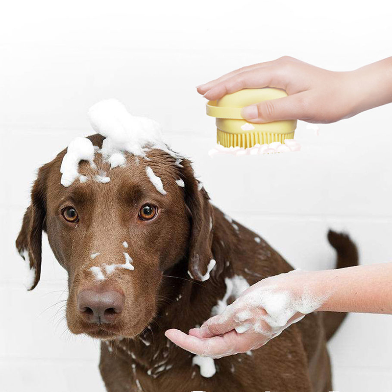 Cepillo de masaje para perros y gatos, dispensador de champú de belleza, peine de pelo para baño, cepillo de silicona suave, herramienta de belleza de limpieza