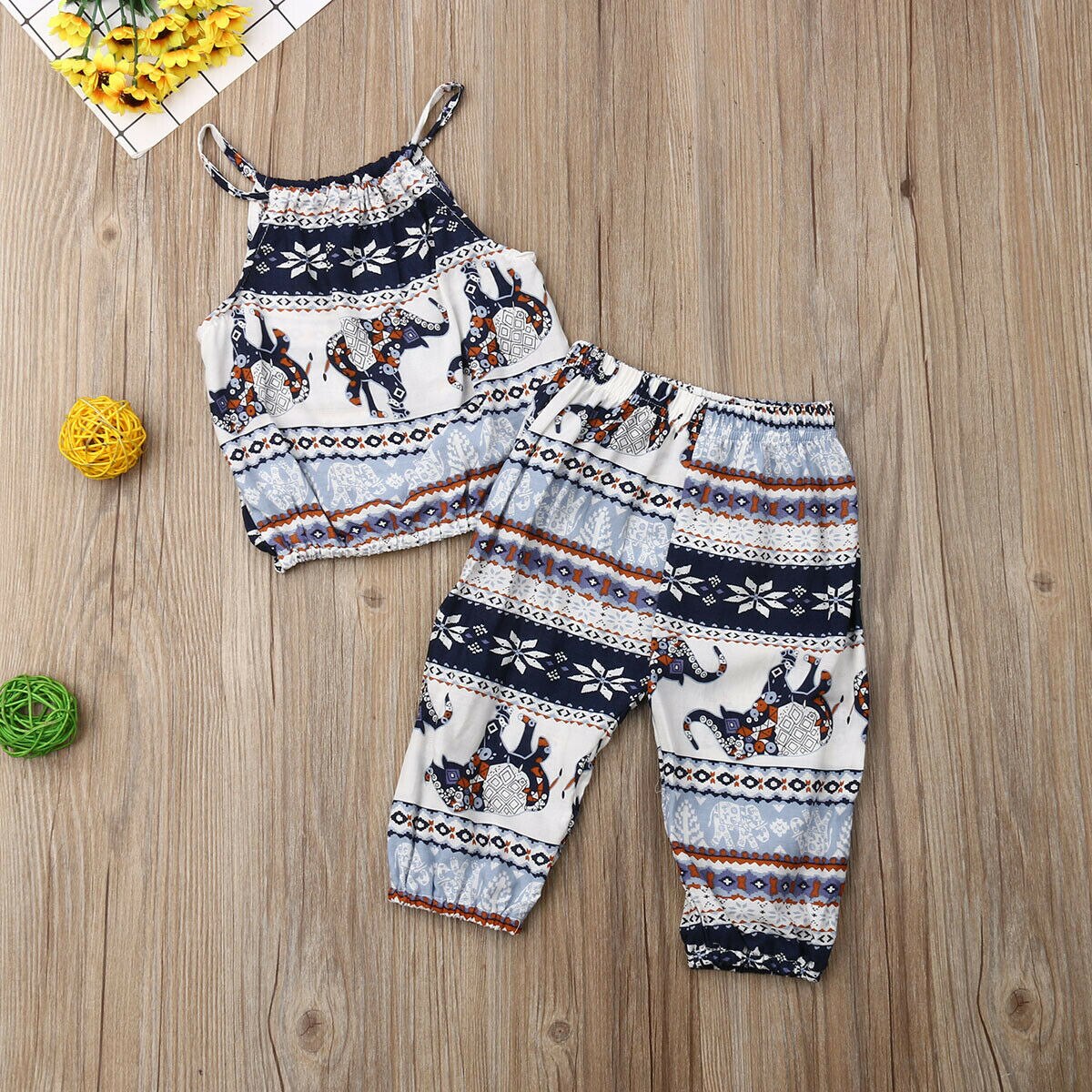 Ensemble de vêtements d'été pour bébé, tenues pour bébé fille, tenues éléphant, hauts à bretelles, gilet + pantalon, style bohème , 1-6y 2