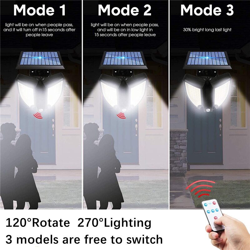 Solar Lights Outdoor with Solar Panel Remote Control 90 LED 3D Round Adjustable Induction Sensor Waterproof Wall Lamp Garage
