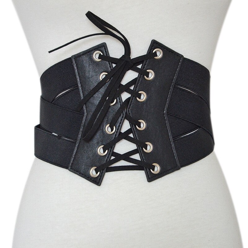 Tie Wide Corset Belts For Women Lace Up PU Leather Luxury Punk Belt Cummerbund Retro Waist Wide Belt Waistband Black