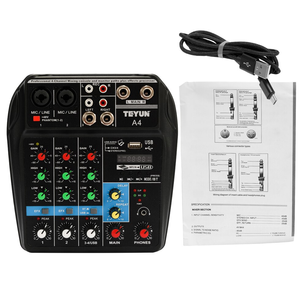 TU04 BT 4 Channels Sound Mixing Console Record 48V Phantom Power Monitor AUX Paths Plus Effects Audio Mixer with USB