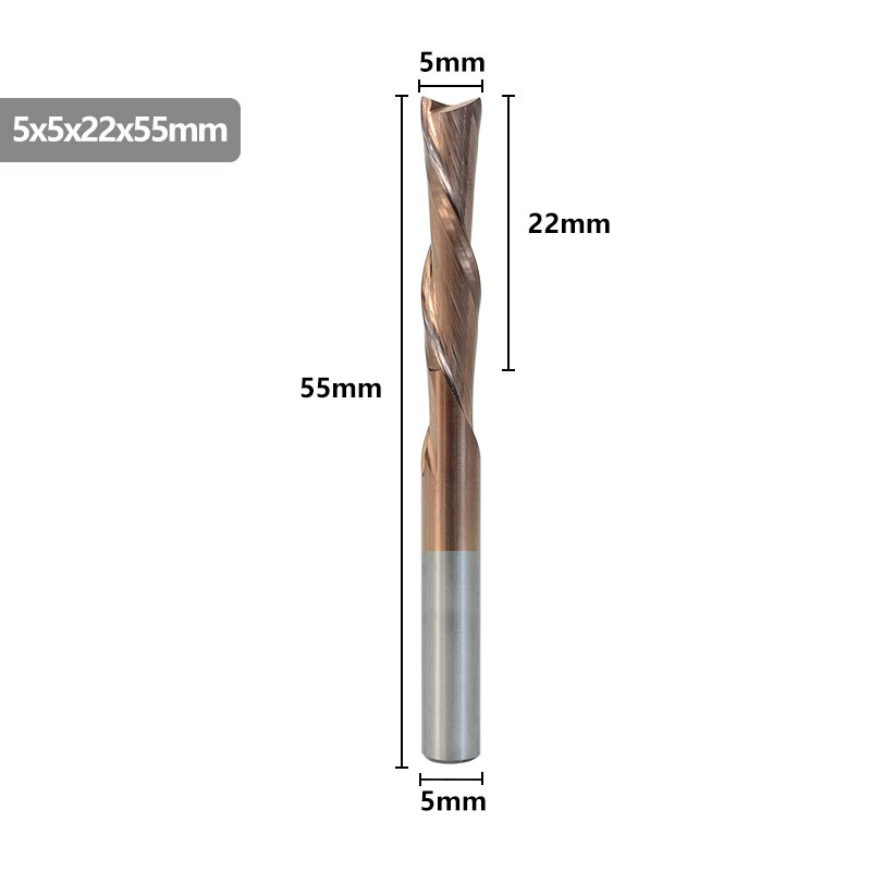 Left Hand Down Cutter 2 Flute Milling Cutter TiCN Coating CNC Router Bit 4/5mm Shank For Aluminum Cutting Tool Spiral End Mill: 5x22x55L