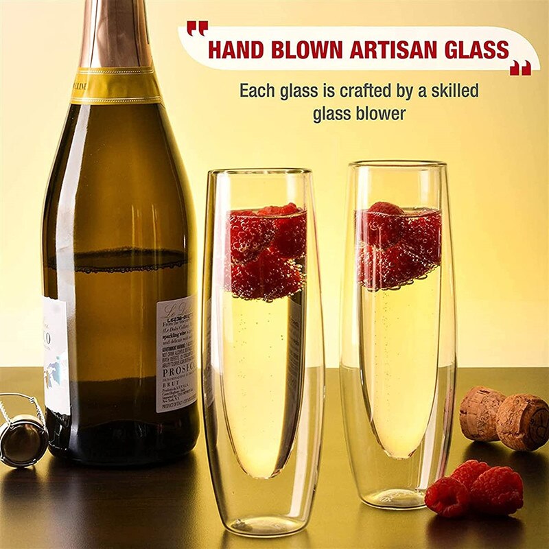 150Ml Champagne Glazen Set Stemless Mousserende Wijn Bril Transparant Double Wall Wijn Fluit Glas Cup Voor Party