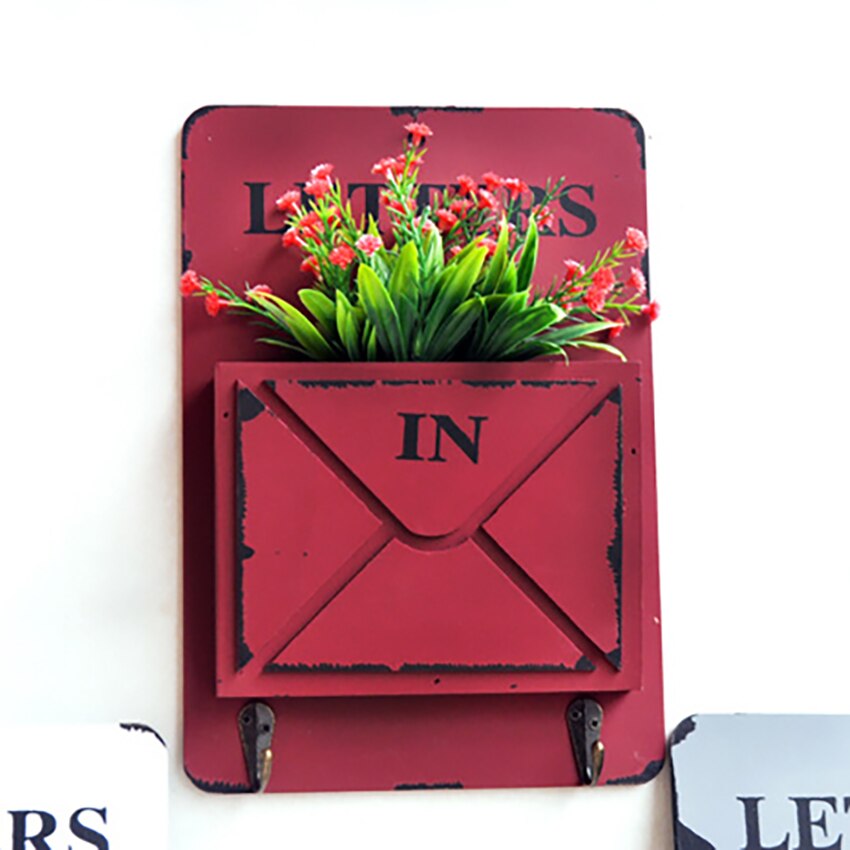 1PC Wood MailBox Letter Rack Key Holder Mail Organizer Wall Storage Home Decoration with Hook Hanger Letter Rack: Red