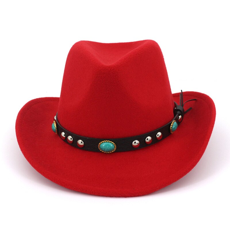 Bull rider jazz fedora solhat mænd kvinder filt hatte bånd band western cowboy hat sort 6 farver trilby bowler hat til unisex: Rød