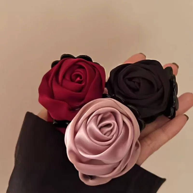 Pinzas en forma de garra para el pelo con flor de rosa grande francesa para mujeres y niñas, accesorios para el pelo de tiburón hechos a mano de tela sólida satinada Vintage, nuevos