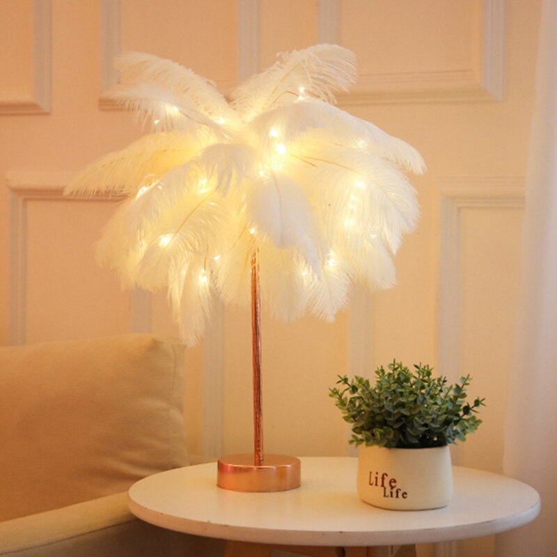 Bricolage plume lampe de Table blanc lumière arbre plume abat-jour fille LED mariage lumières décoratives rose