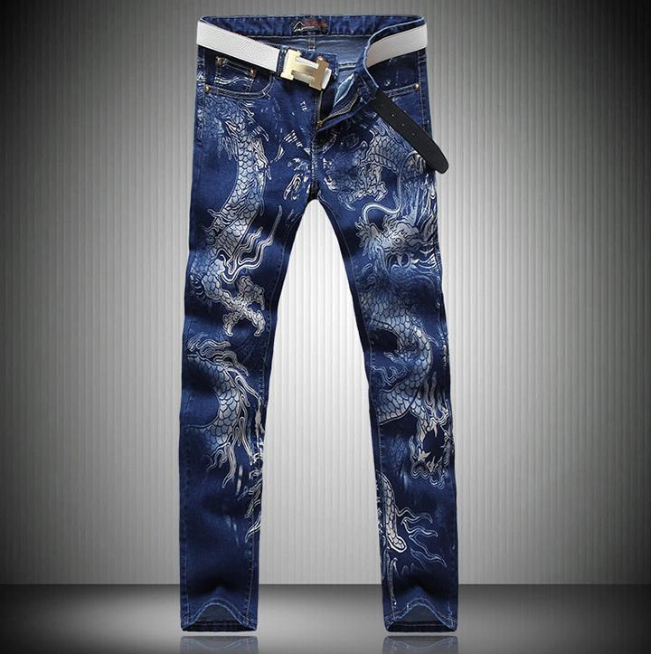 Mænds mærke afslappet kinesisk drage maleri farverig bomuld denim mønster print blå slim fit jeans: 30